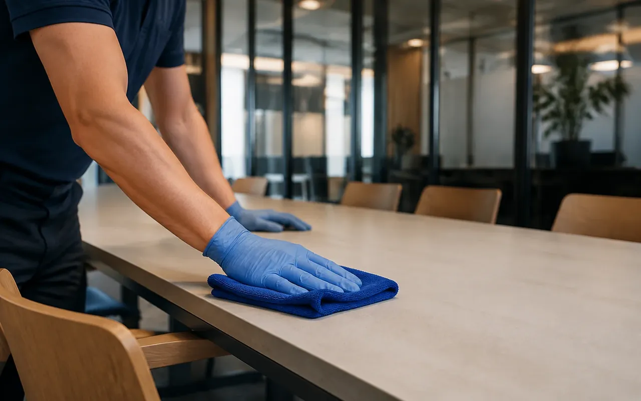 Illustration of blue-gloved hands wiping a meeting table with a folded microfiber cloth.