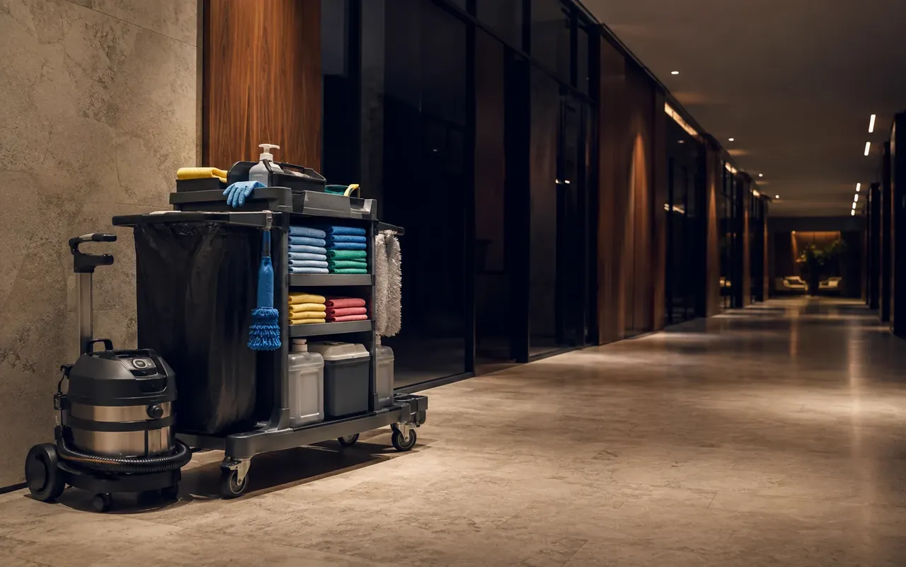 Illustration of a stocked cleaning cart and canister vacuum beside an empty building corridor.