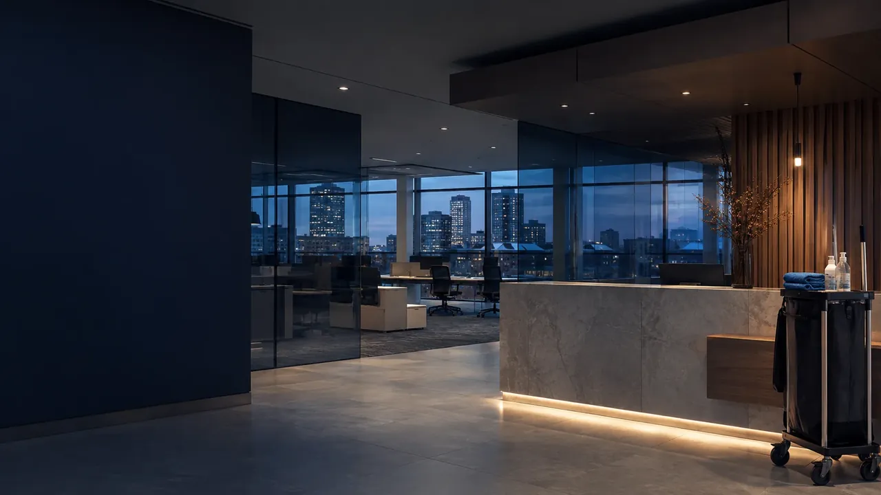 Illustration of a glass-walled office, illuminated reception desk and cleaning cart in low evening light.