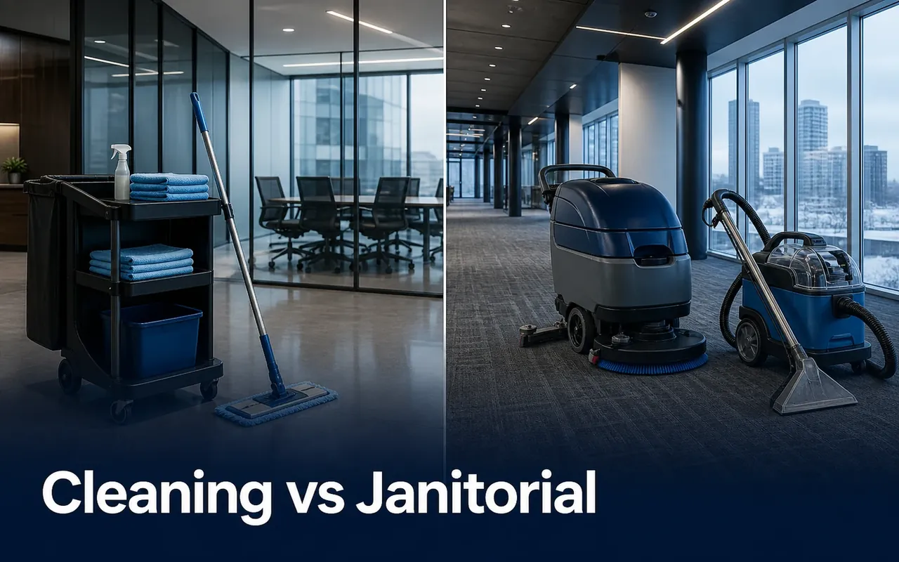 Illustration contrasting a routine mop and supply cart with a floor scrubber and carpet extractor in an office.