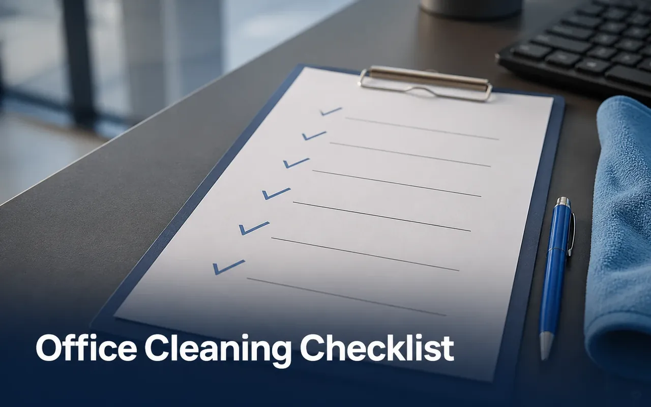 Illustration of a checklist with tick marks beside a pen, blue cloth and office keyboard.