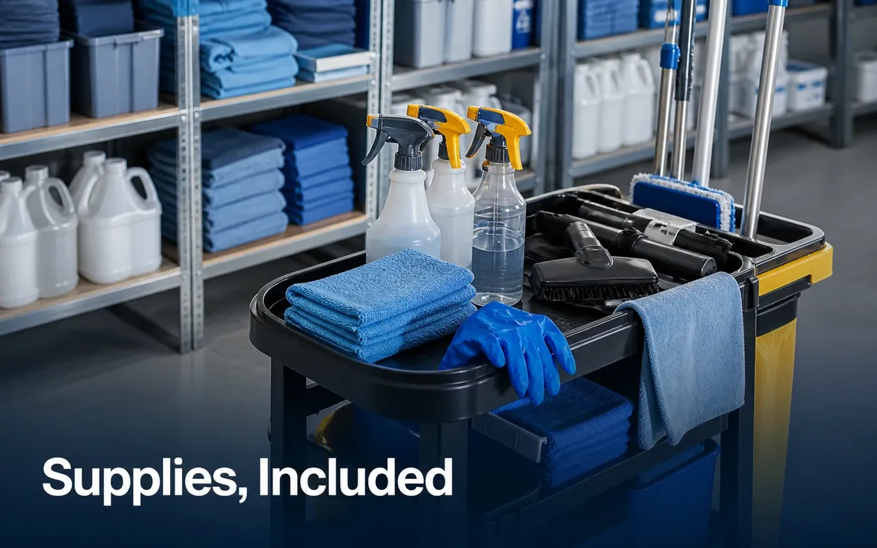 Illustration of a cart holding cloths, gloves and spray bottles in front of shelves of cleaning supplies.