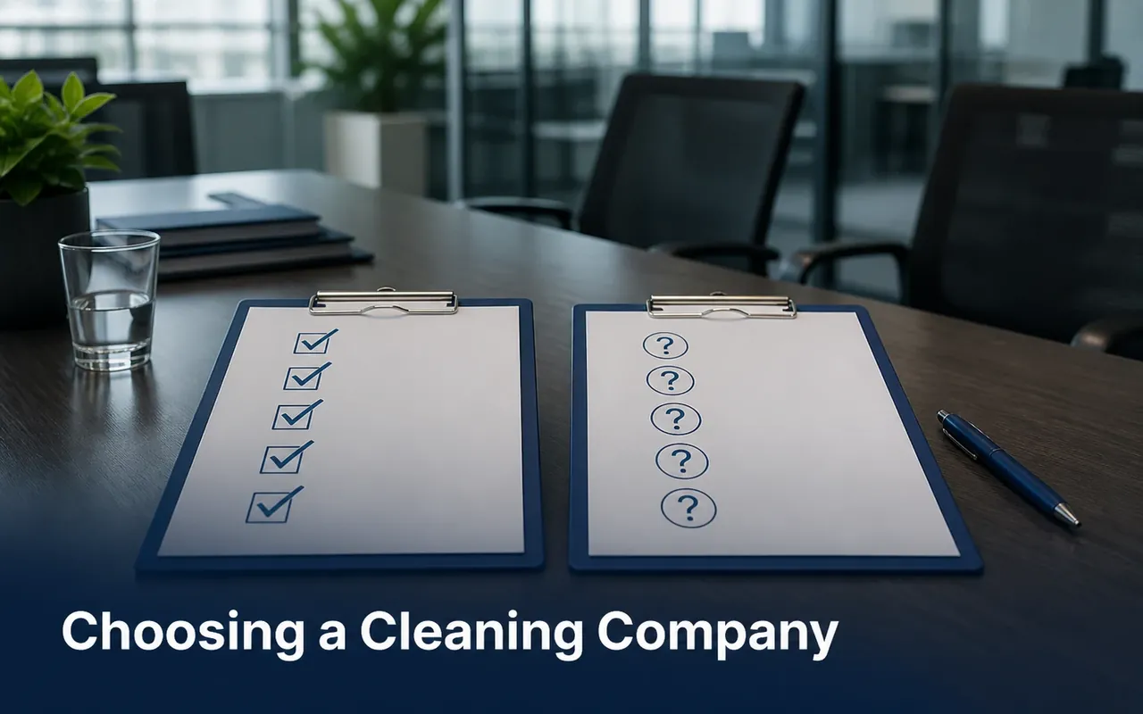 Illustration of two checklists on a meeting table, one with tick marks and one with question marks.