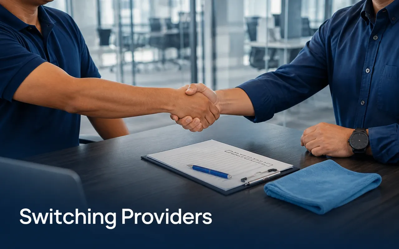 Illustration of two people shaking hands over a checklist on an office table.