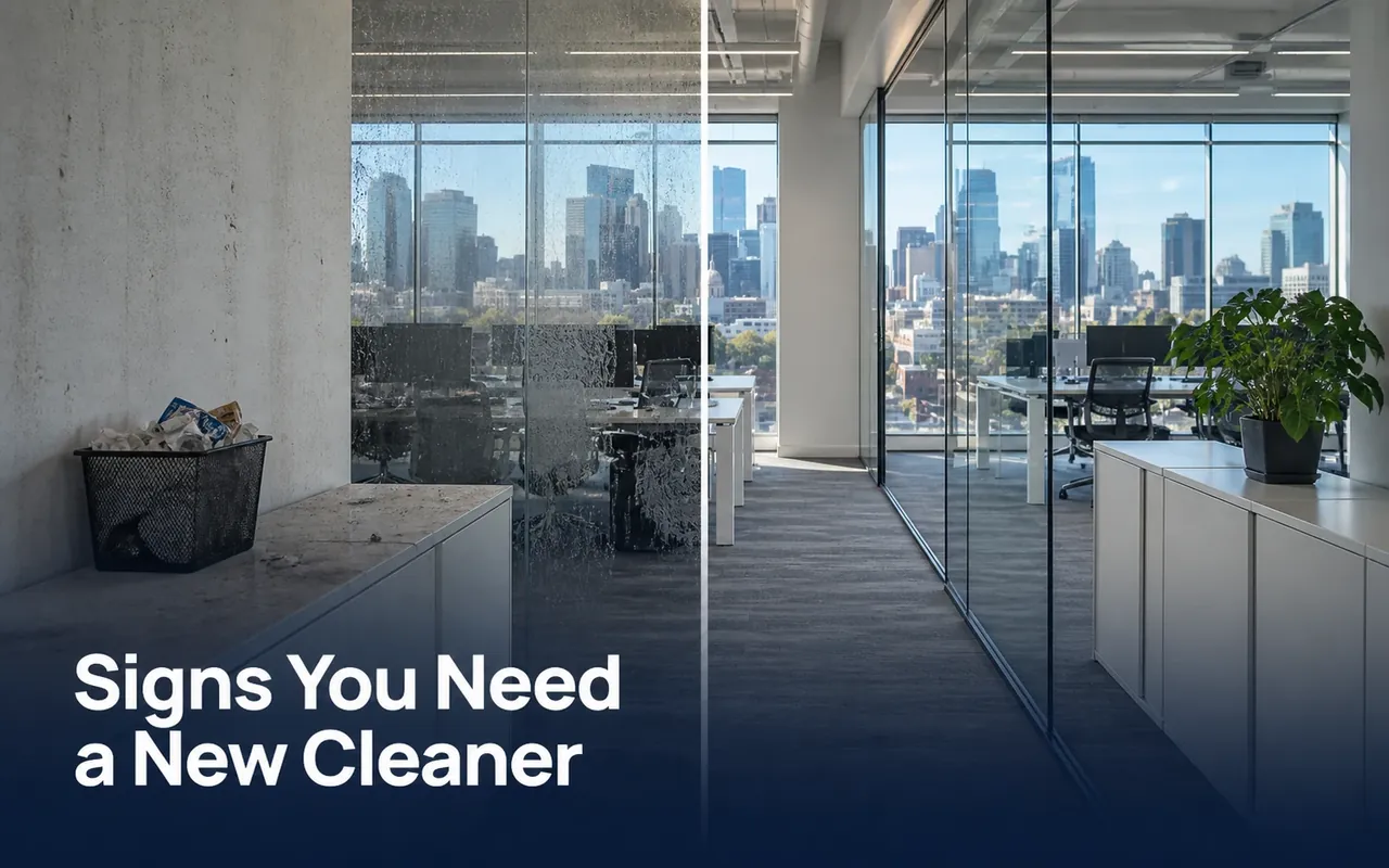Illustration contrasting smudged office glass and visible debris with a tidy adjoining office area.