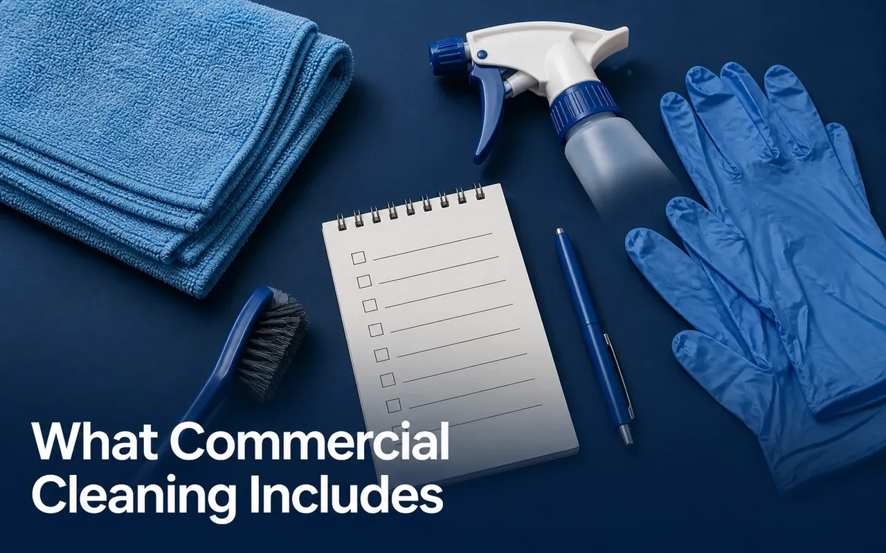 Illustration of a task checklist surrounded by blue cloths, gloves, a brush and a spray bottle.