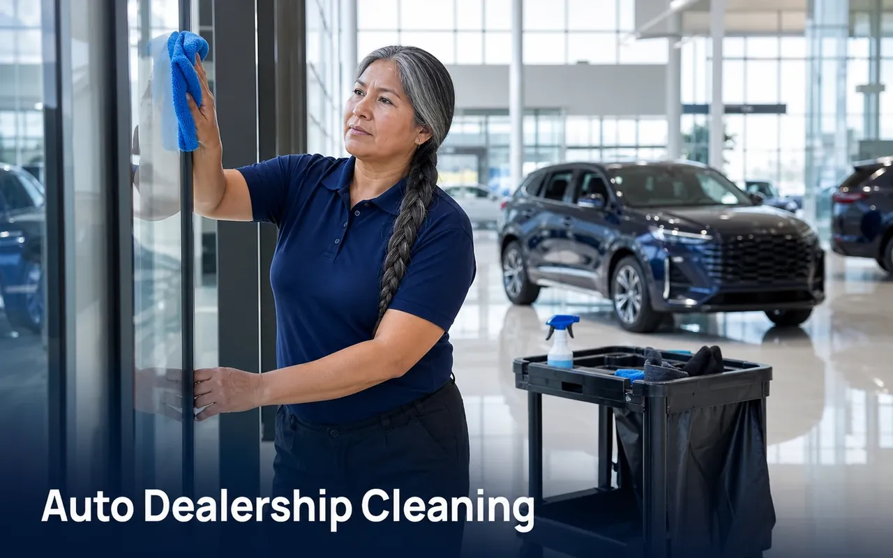 Illustration of a cleaner wiping showroom entrance glass with display vehicles behind it.