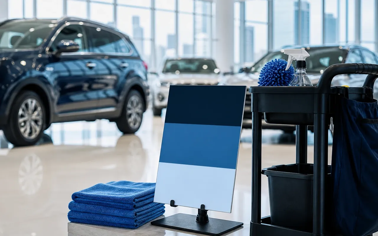 Illustration of folded cloths, a blank clipboard and cleaning cart beside a showroom vehicle.