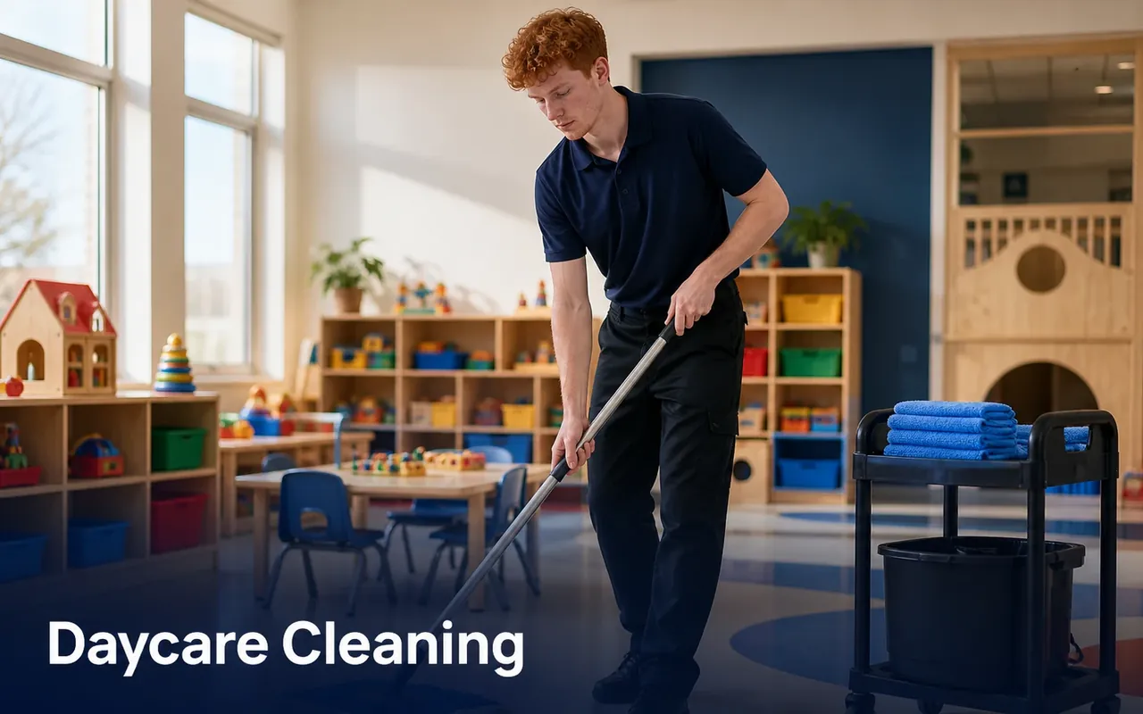 Illustration of a cleaner mopping a daycare classroom floor between low tables and toy shelves.