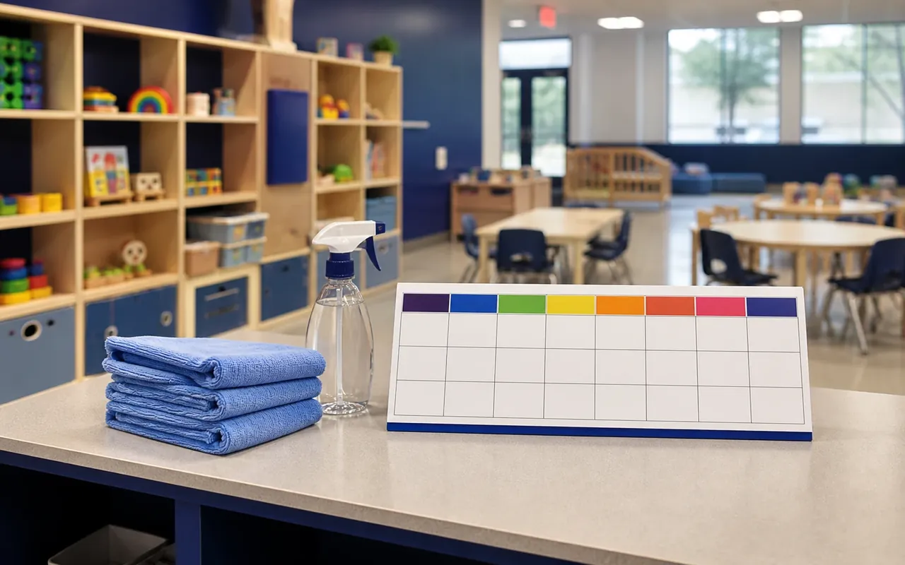 Illustration of a coloured planning grid, cloths and spray bottle on an empty daycare table.