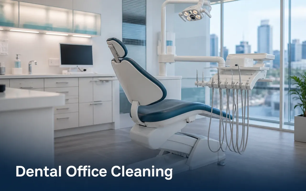 Illustration of an unoccupied dental room with a treatment chair, sink and surrounding cabinetry.
