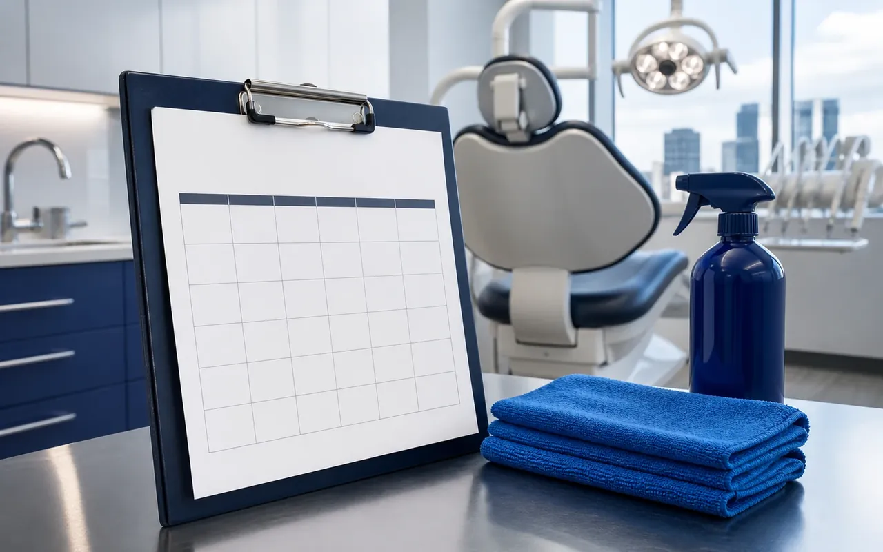 Illustration of a blank schedule clipboard and folded blue cloths beside a dental treatment chair.