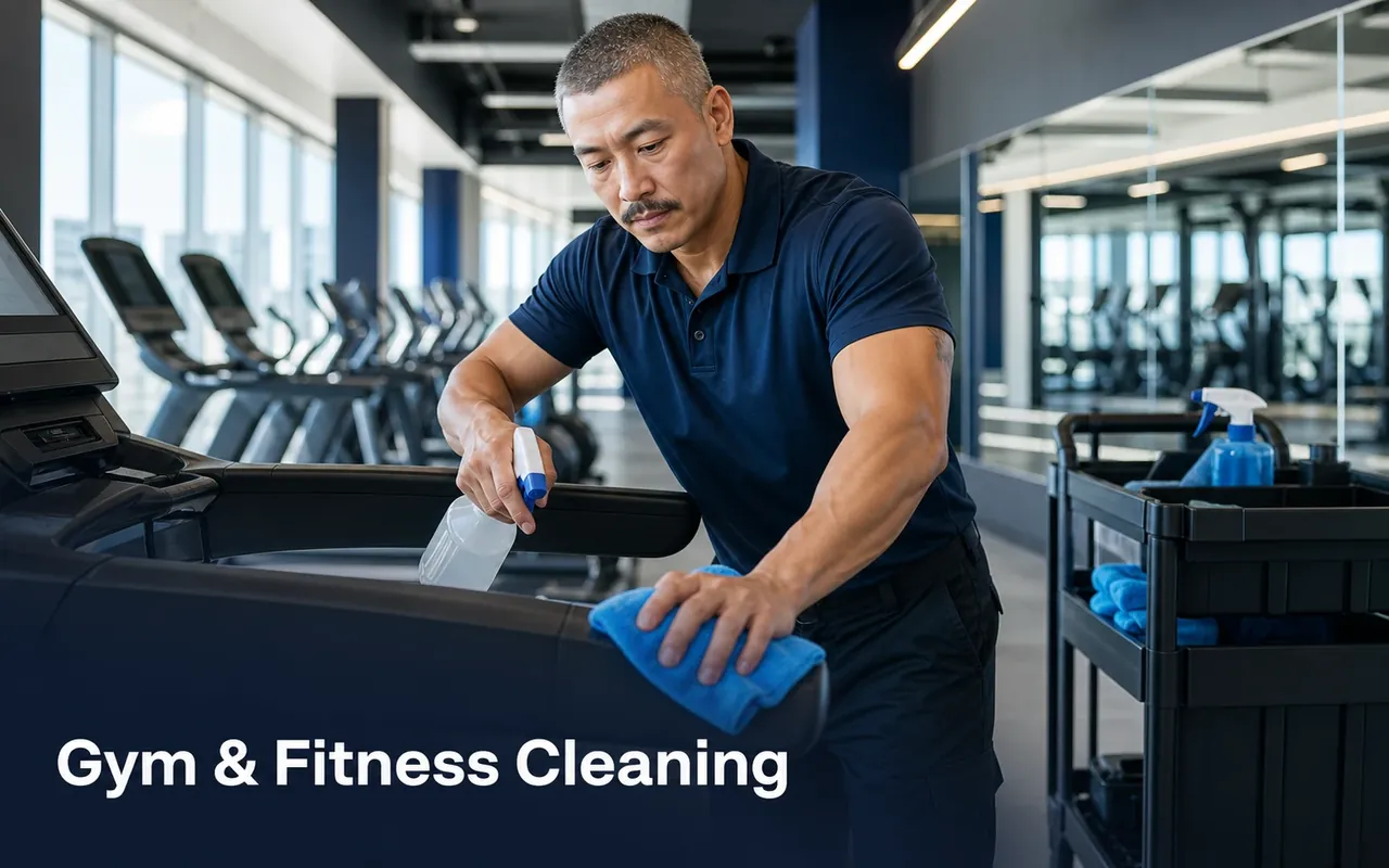 Illustration of a cleaner wiping an exercise-machine surface beside a row of treadmills.
