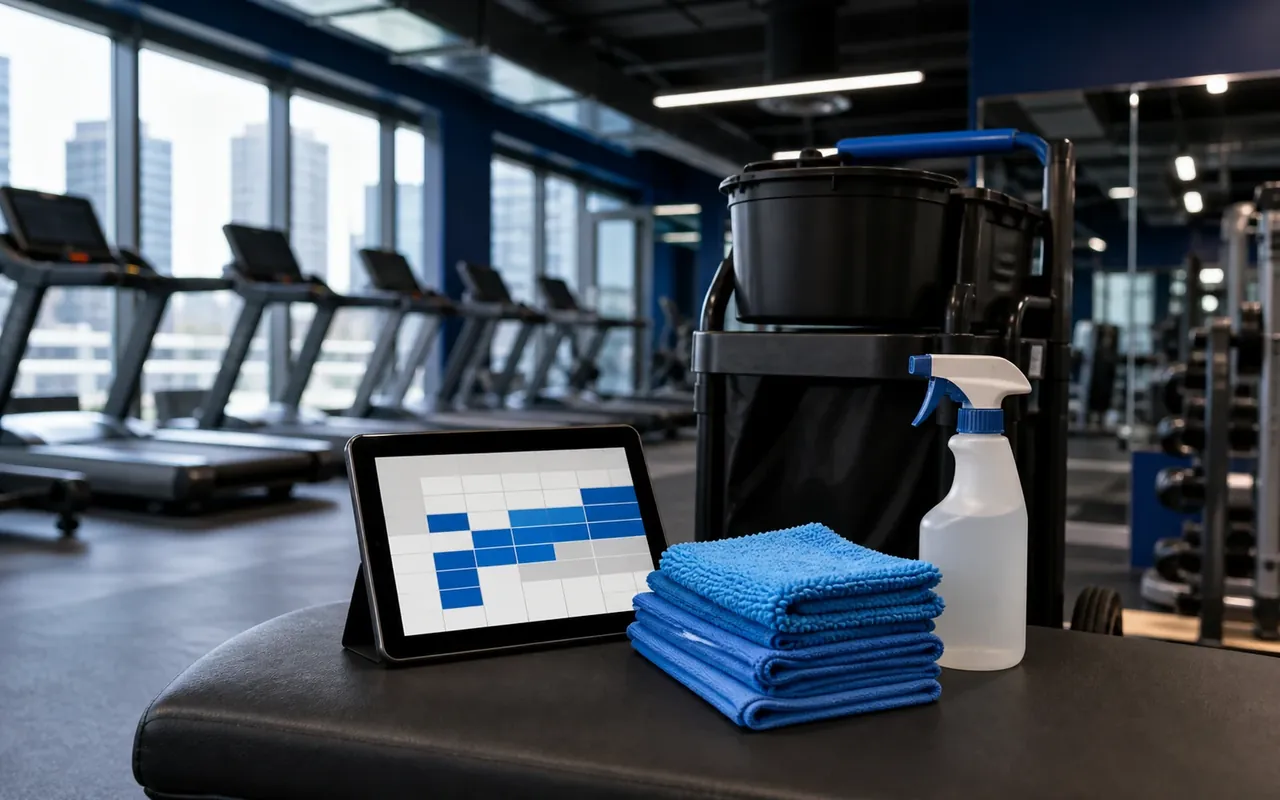 Illustration of a tablet schedule, folded blue cloths and spray bottle beside gym equipment.