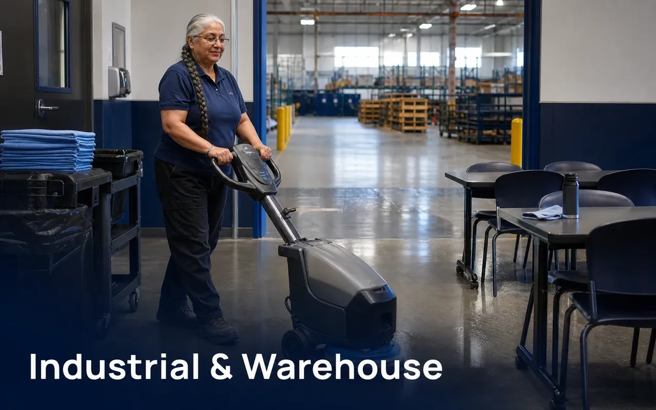 Illustration of a cleaner operating a floor machine in a break area beside warehouse shelving.