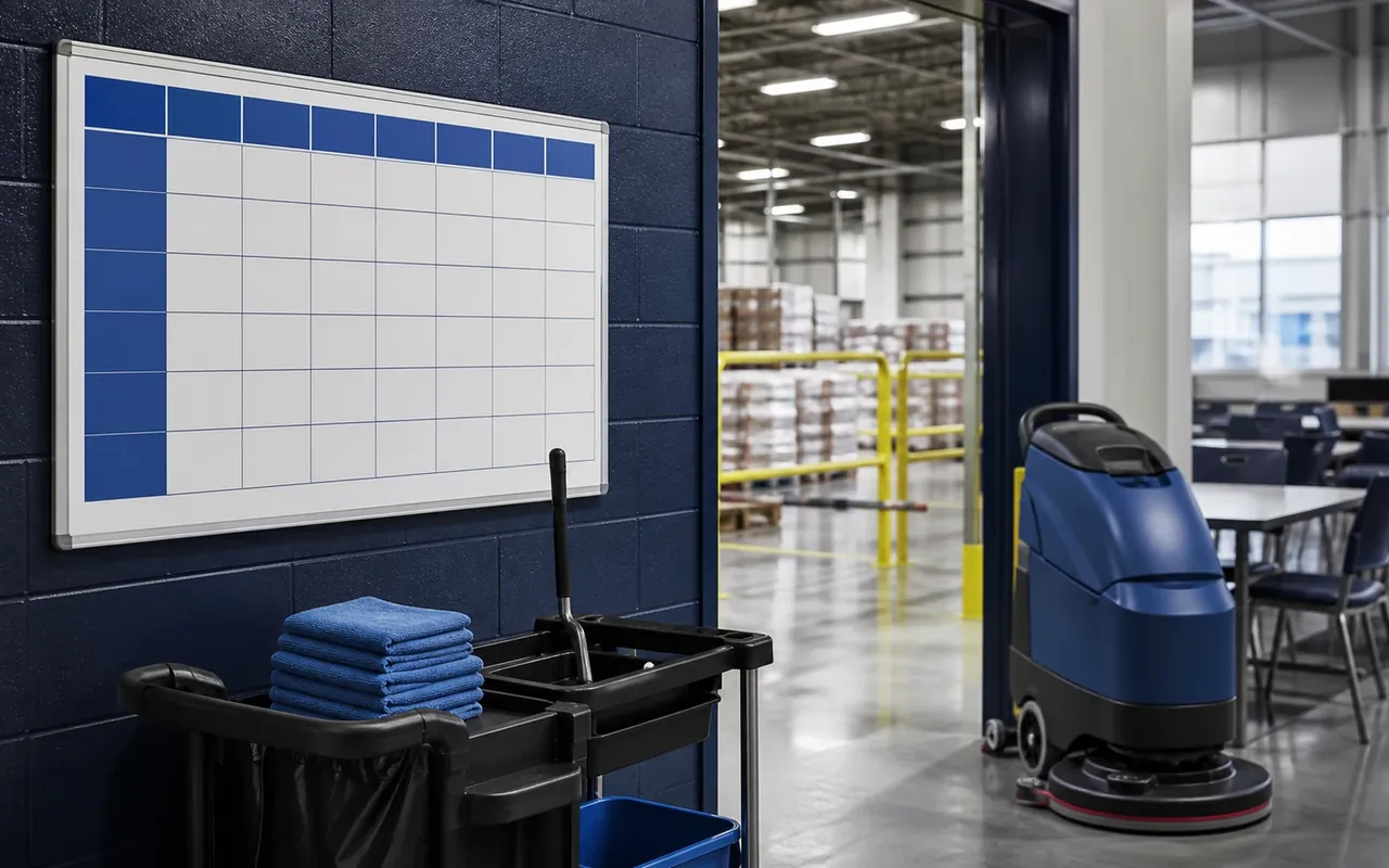 Illustration of an unfilled wall schedule, cleaning cart and floor scrubber at a warehouse entrance.