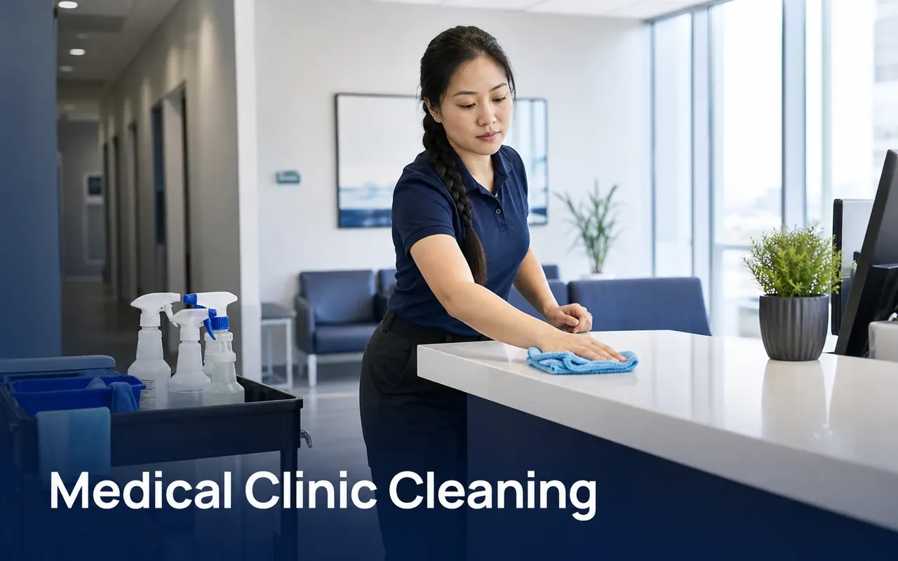 Illustration of a cleaner wiping a clinic reception counter beside waiting-room seating.