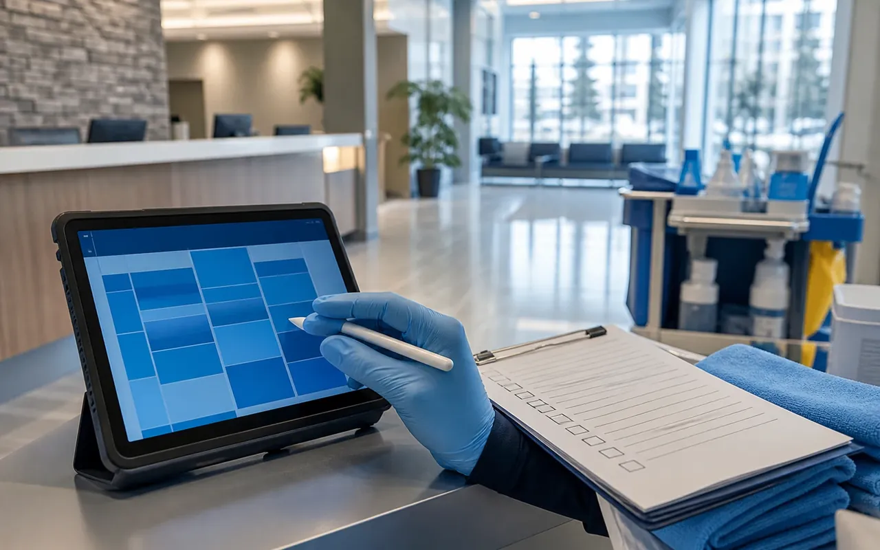 Illustration of a gloved hand using a tablet schedule beside a checklist in a clinic reception area.