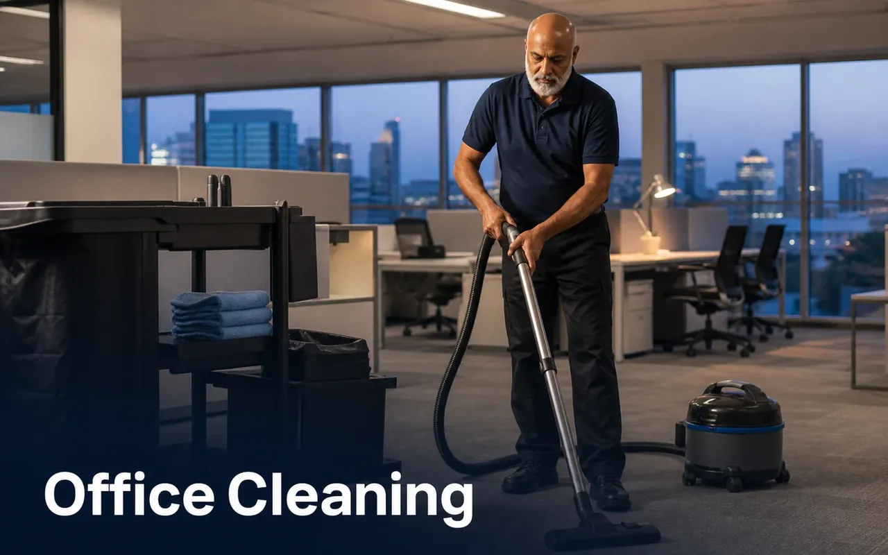 Illustration of a cleaner vacuuming carpet between office workstations beside a cleaning cart.
