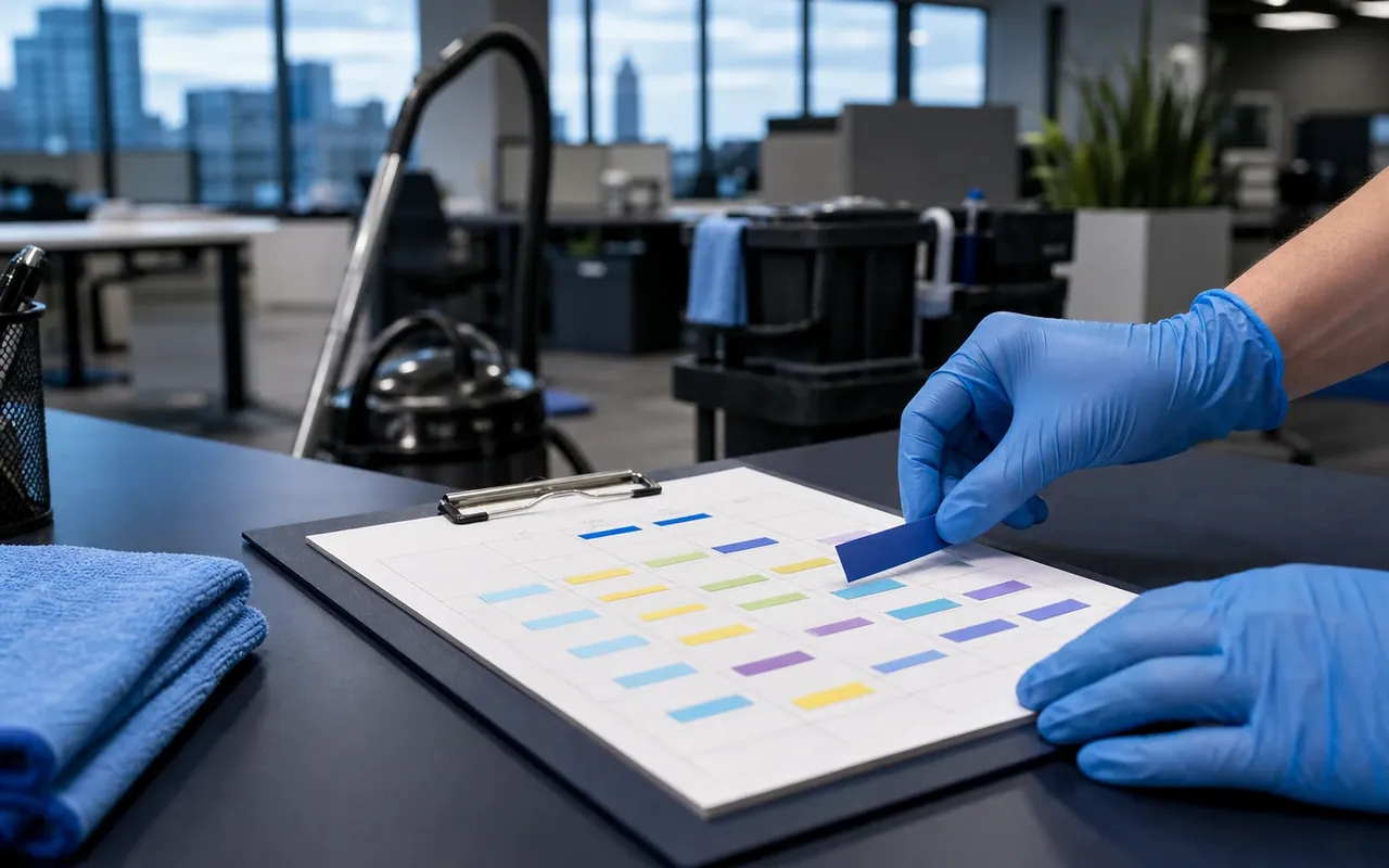 Illustration of gloved hands reviewing a coloured schedule grid on an office kitchenette counter.