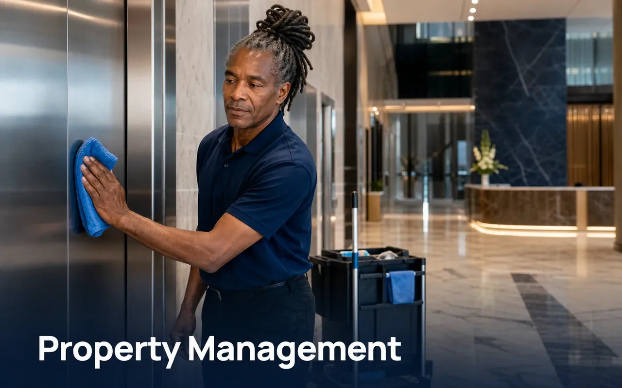 Illustration of a cleaner wiping a metal elevator door beside a shared building lobby.