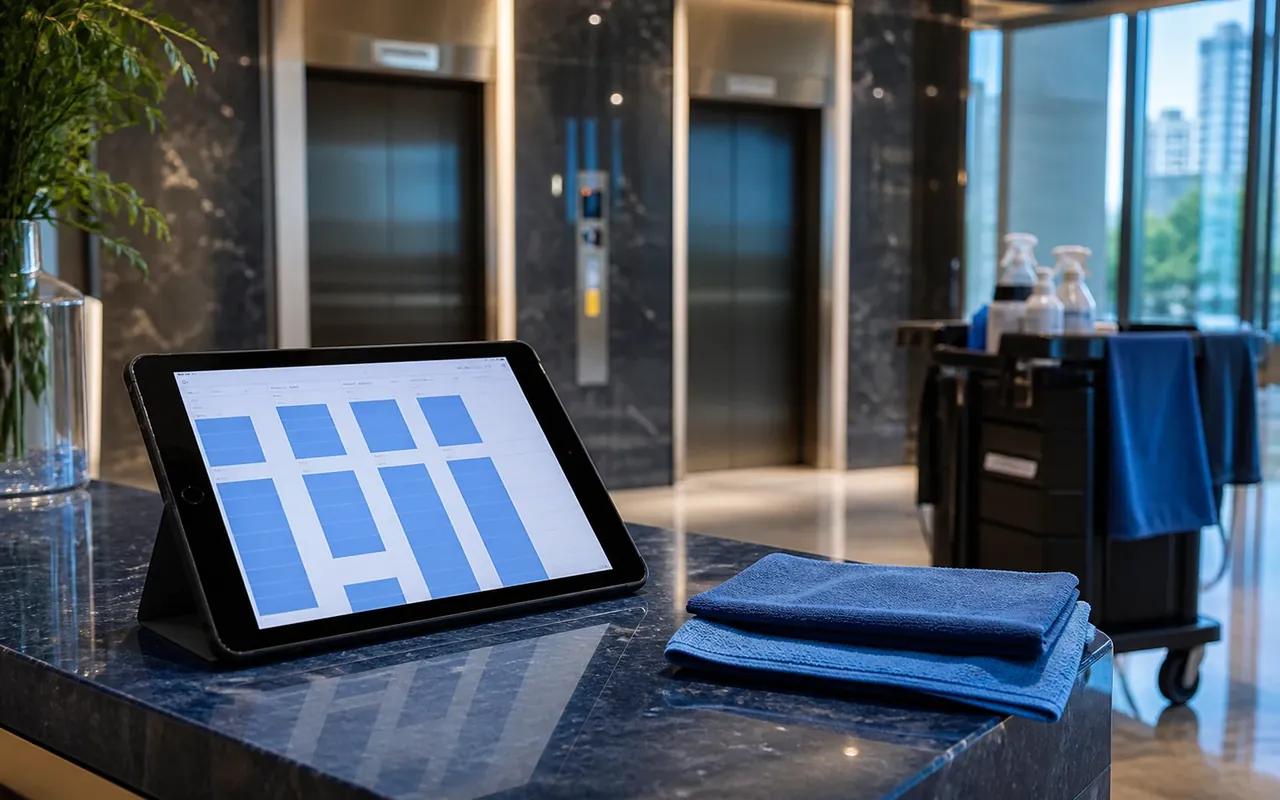 Illustration of a tablet showing blue schedule blocks beside folded cloths in an elevator lobby.
