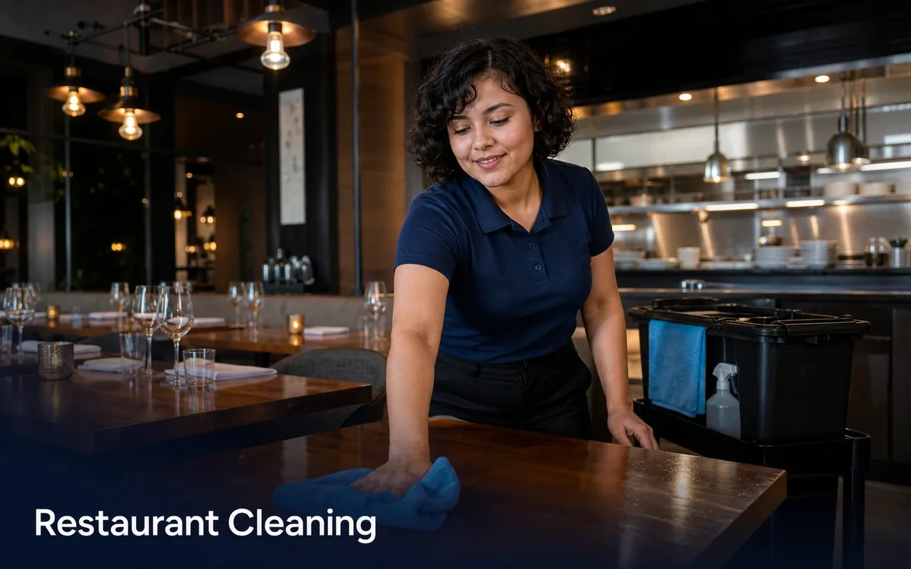 Illustration of a cleaner wiping a dining table in an empty restaurant.