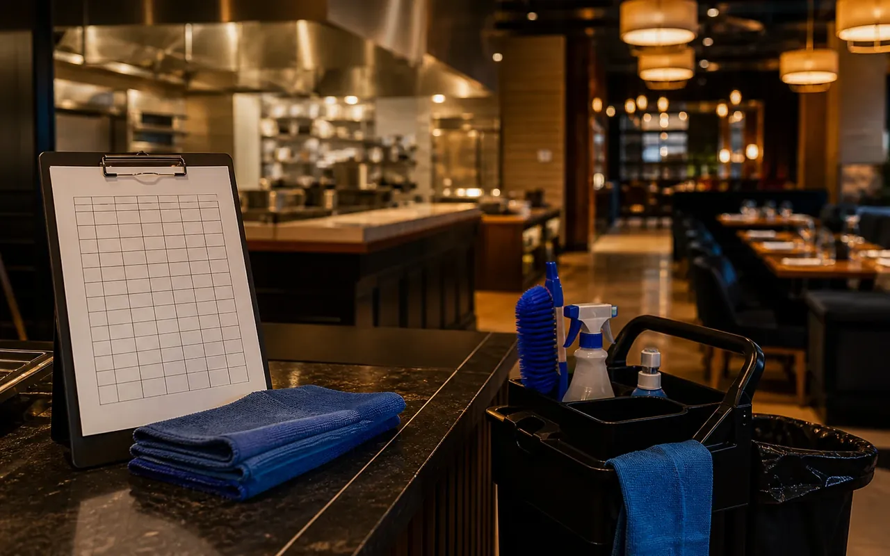 Illustration of a blank schedule clipboard, blue cloths and cleaning cart beside a restaurant counter.