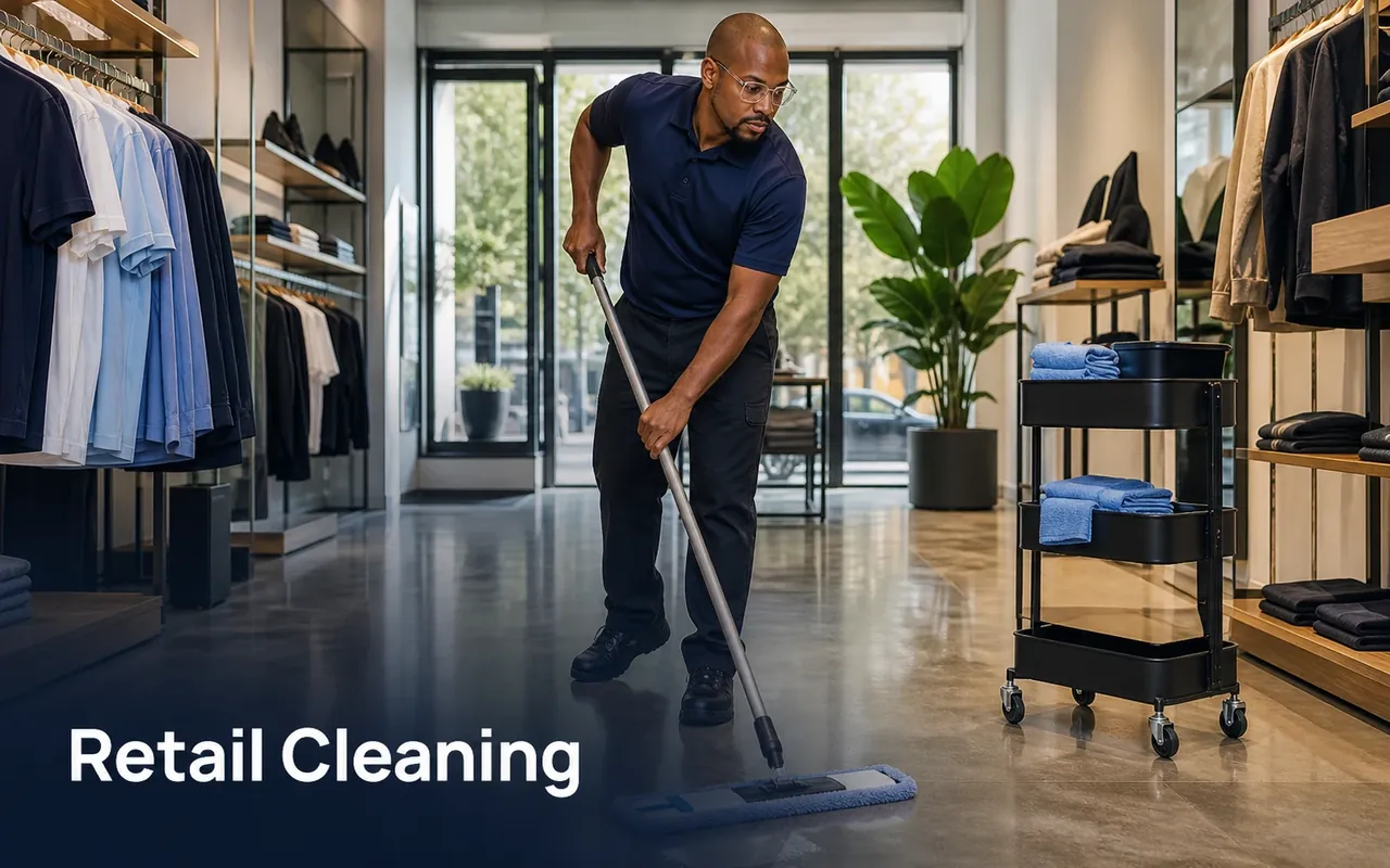 Illustration of a cleaner using a flat mop on the floor between clothing displays.