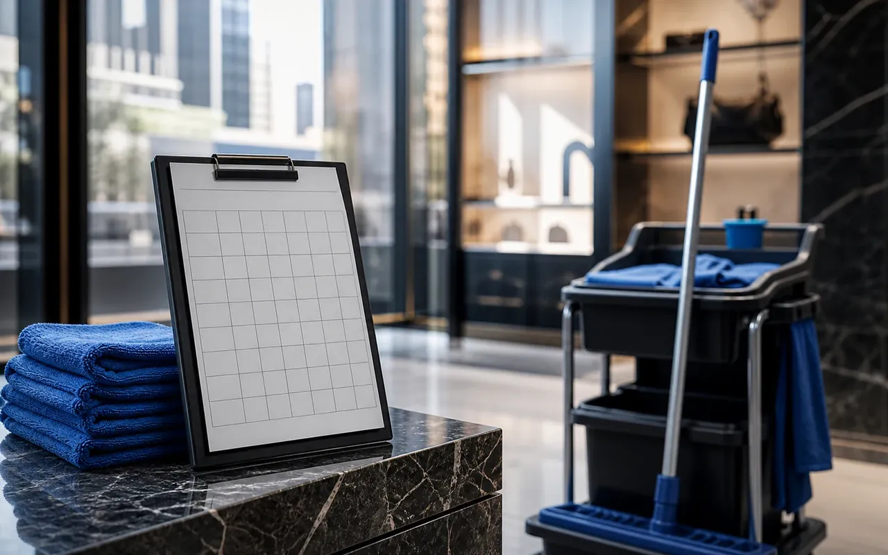 Illustration of a blank schedule grid, folded cloths and cleaning cart beside a retail entrance.