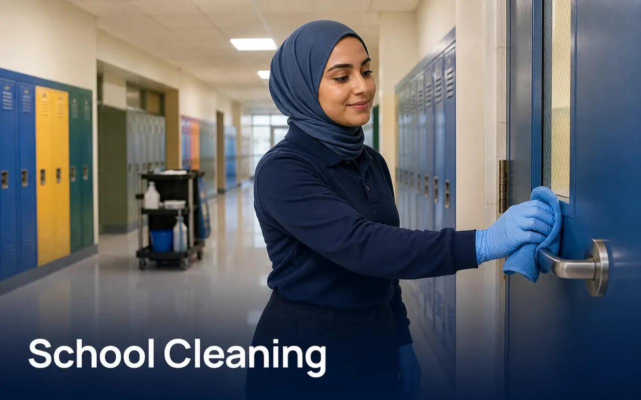 Illustration of a cleaner wiping a school door push plate beside corridor lockers.