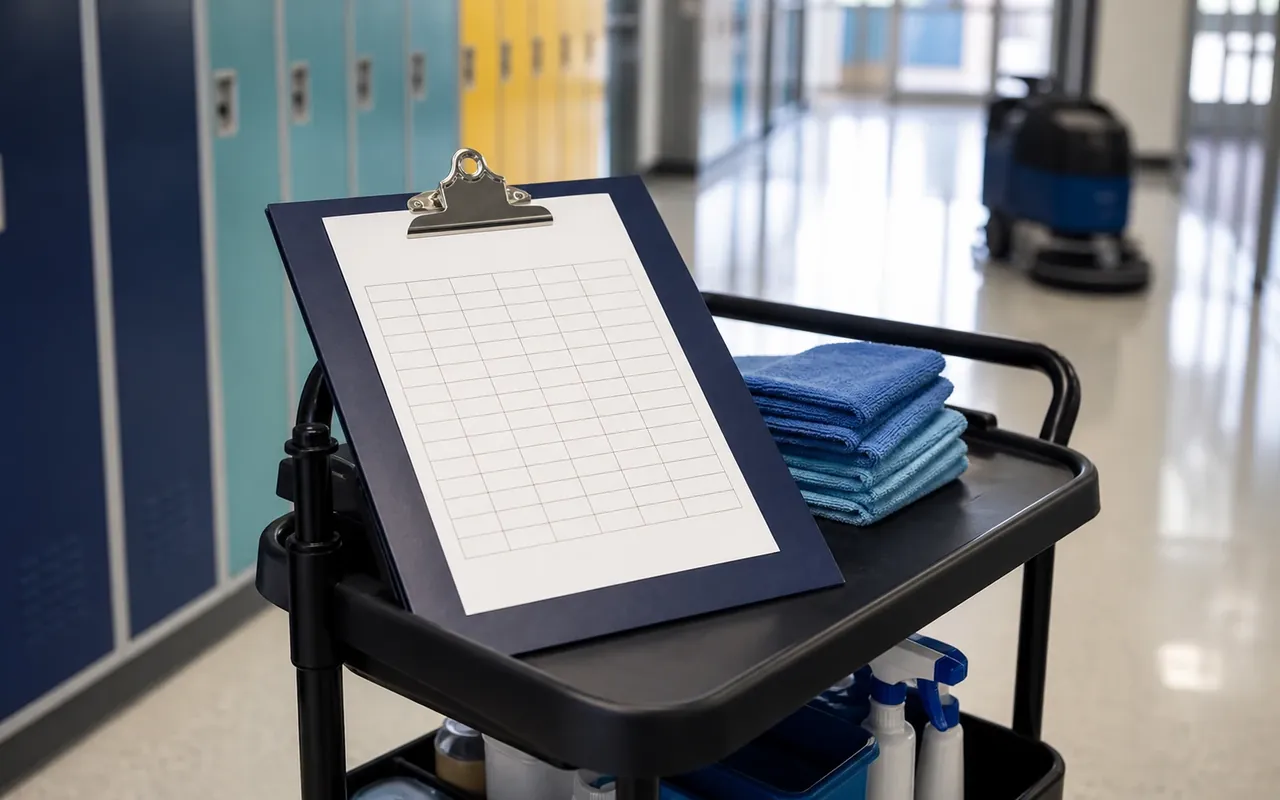Illustration of a blank schedule clipboard and folded cloths on a cart in a school corridor.