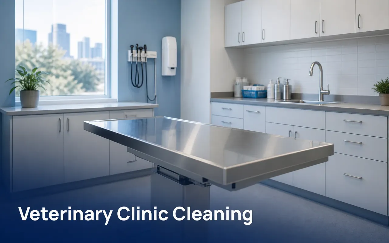Illustration of an empty veterinary examination room with a metal table, sink and cabinets.