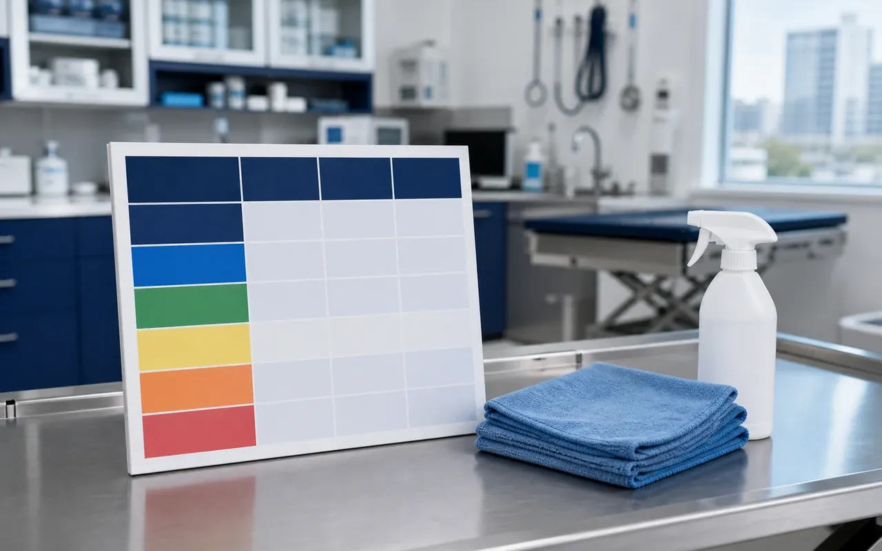 Illustration of a coloured planning grid, cloths and spray bottle on a veterinary examination table.