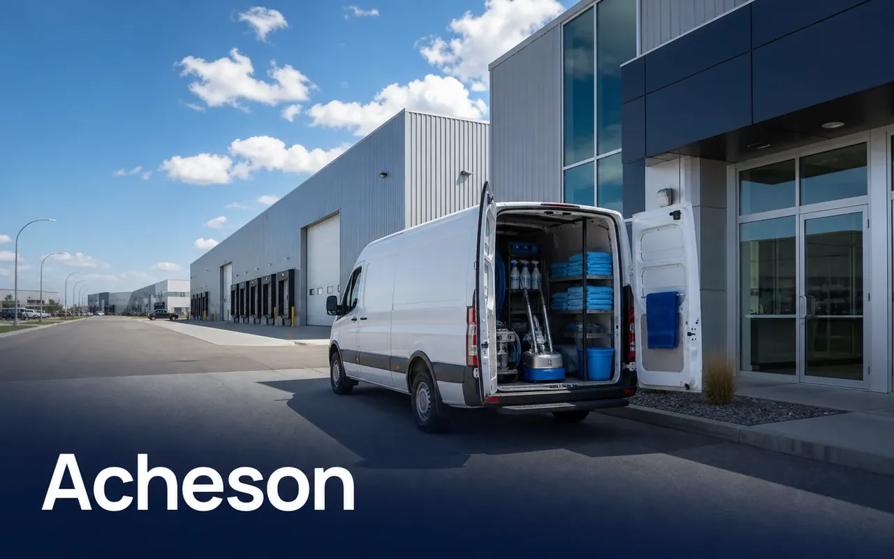 Illustration of an open equipment van outside warehouse units with loading doors.