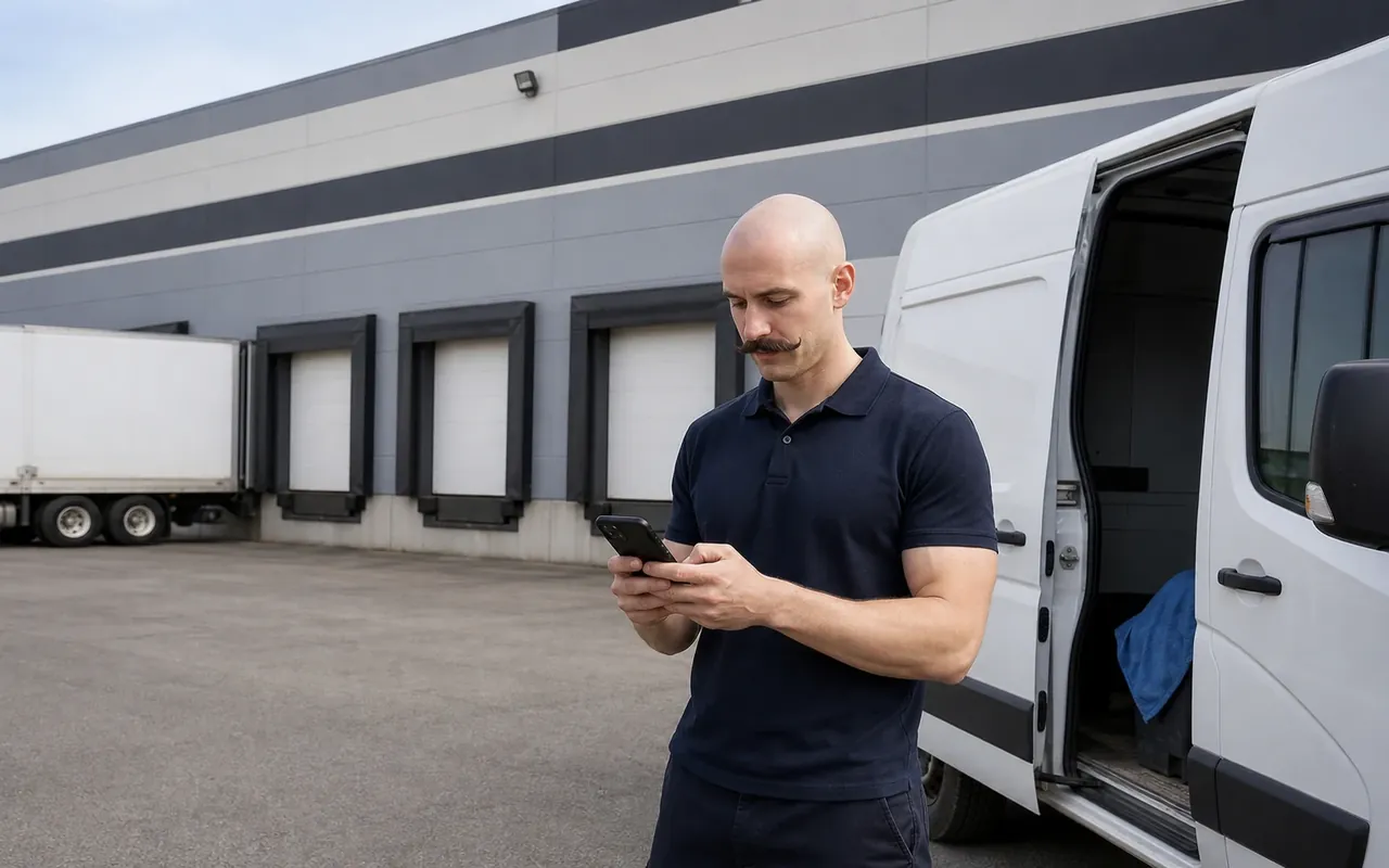 Illustration of a cleaner checking a phone beside an open van and warehouse loading bays.