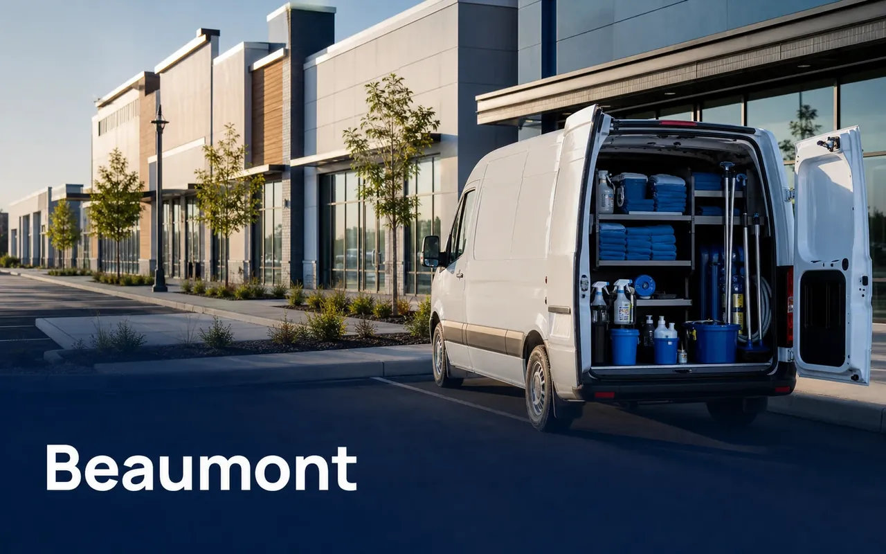 Illustration of a van stocked with cloths and cleaning products outside a row of commercial units.