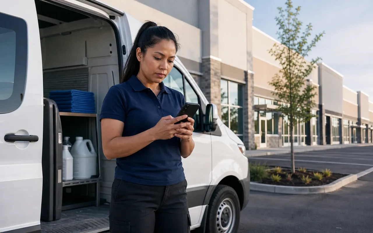 Illustration of a cleaner checking a phone beside a stocked van outside commercial units.