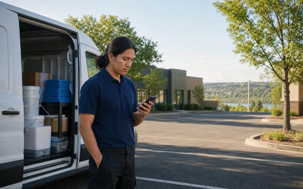 Illustration of a cleaner checking a phone beside a van in a quiet, tree-lined commercial parking area.