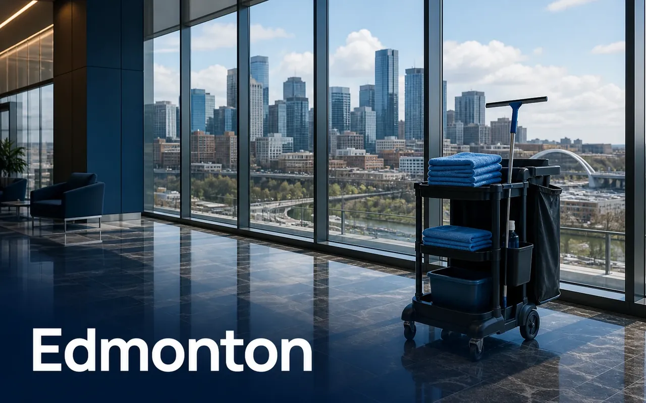 Illustration of a cleaning cart beside office windows overlooking a city skyline and river bridge.