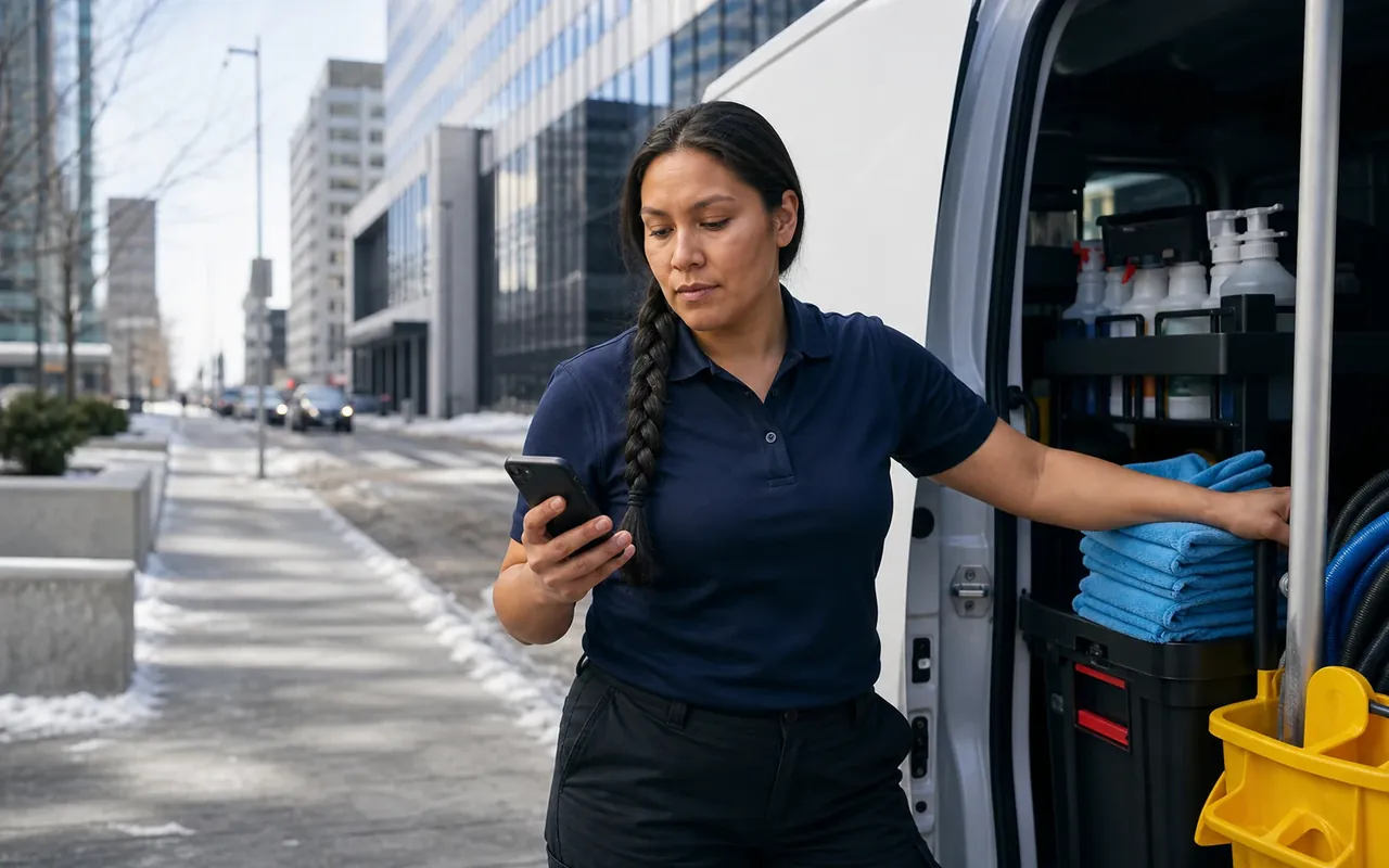 Illustration of a cleaner checking a phone beside supplies in a van on a city street.