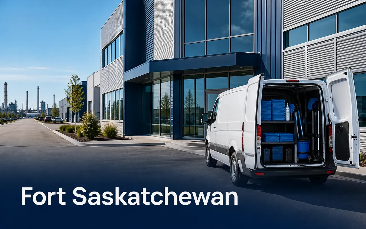 Illustration of an open equipment van outside a glass-fronted industrial office building.