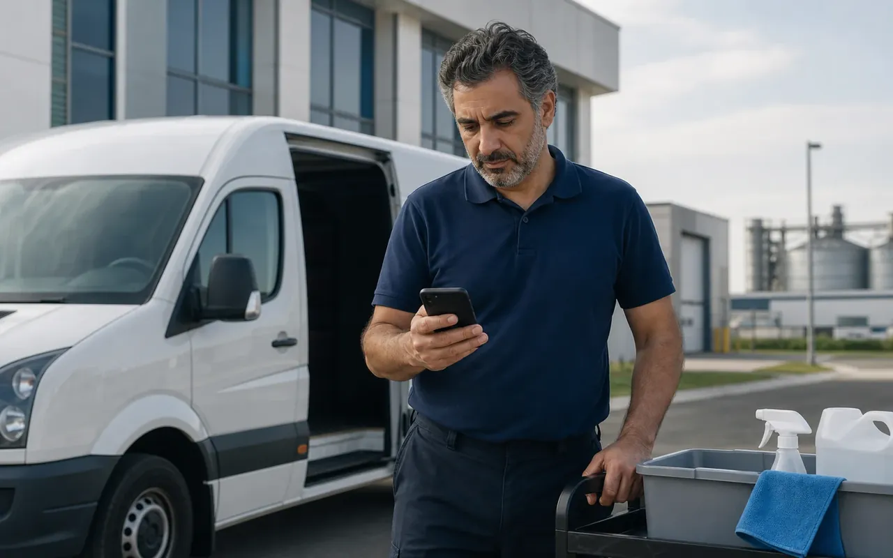 Illustration of a cleaner checking a phone beside a supply cart and van at an industrial building.