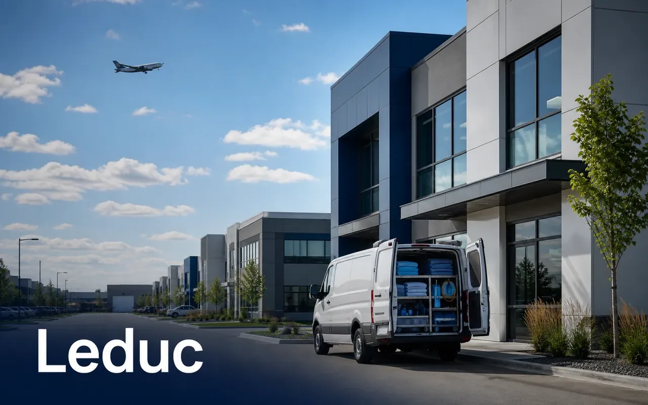 Illustration of a cleaning-equipment van outside commercial offices with an aircraft overhead.