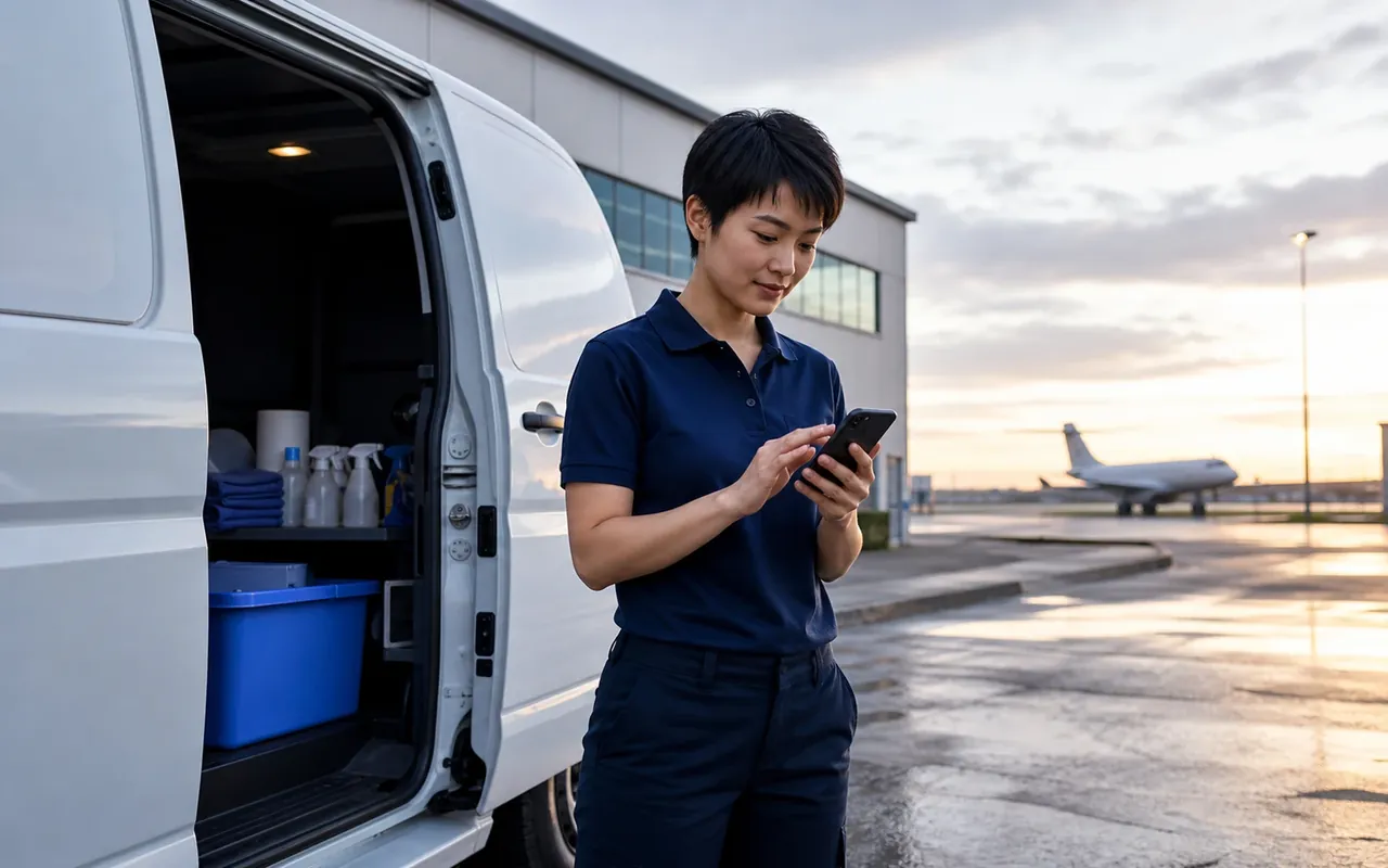 Illustration of a cleaner checking a phone beside an equipment van with an aircraft in the distance.