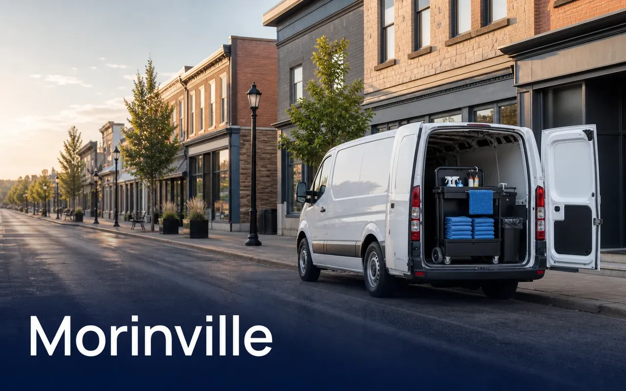 Illustration of an open supply van beside brick commercial storefronts in low sunlight.