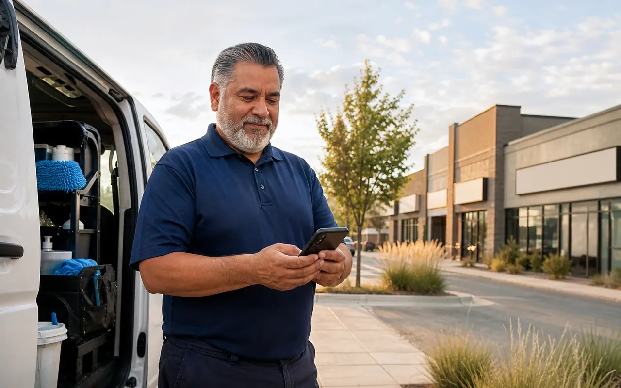 Illustration of a cleaner checking a phone beside an open van and landscaped storefronts.