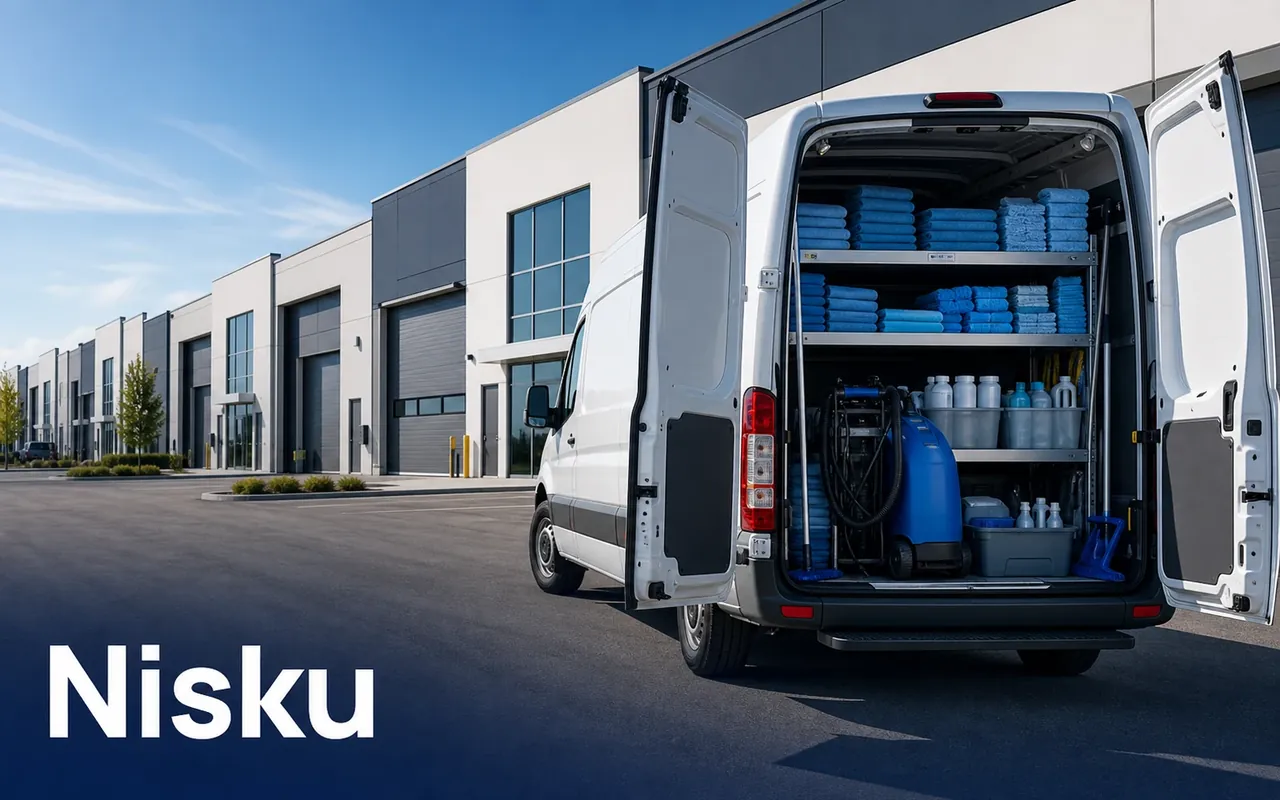 Illustration of cloths, bottles and cleaning tools arranged in an open van beside industrial units.