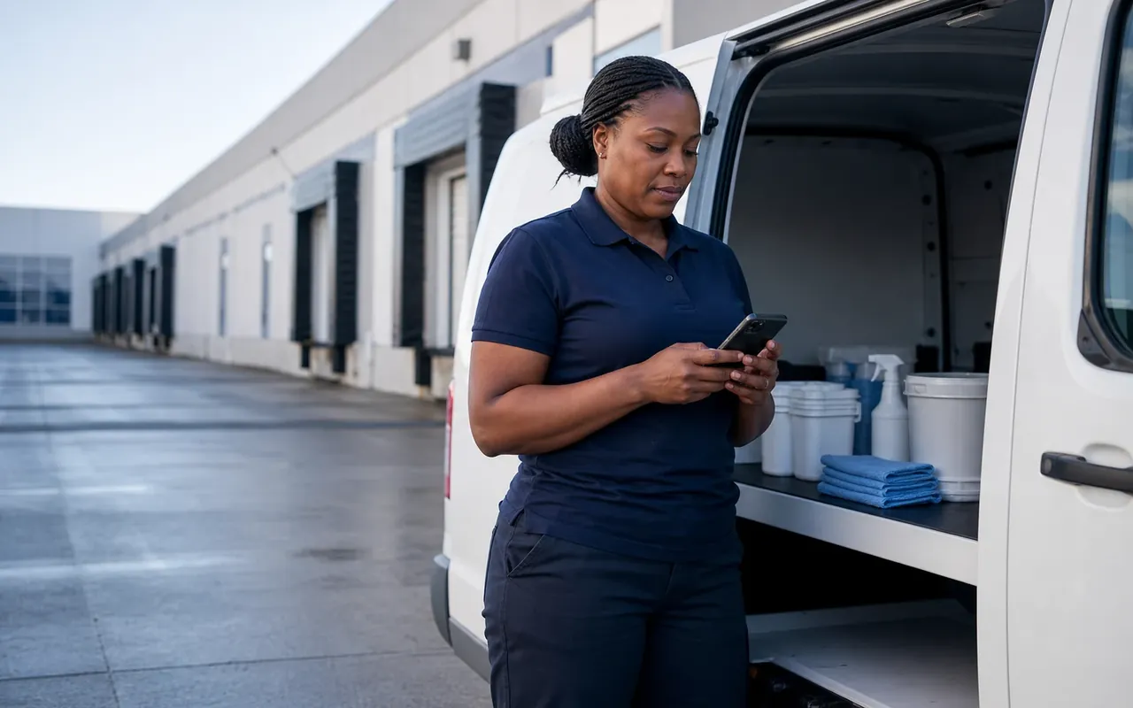 Illustration of a cleaner checking a phone beside a supply van outside warehouse loading bays.