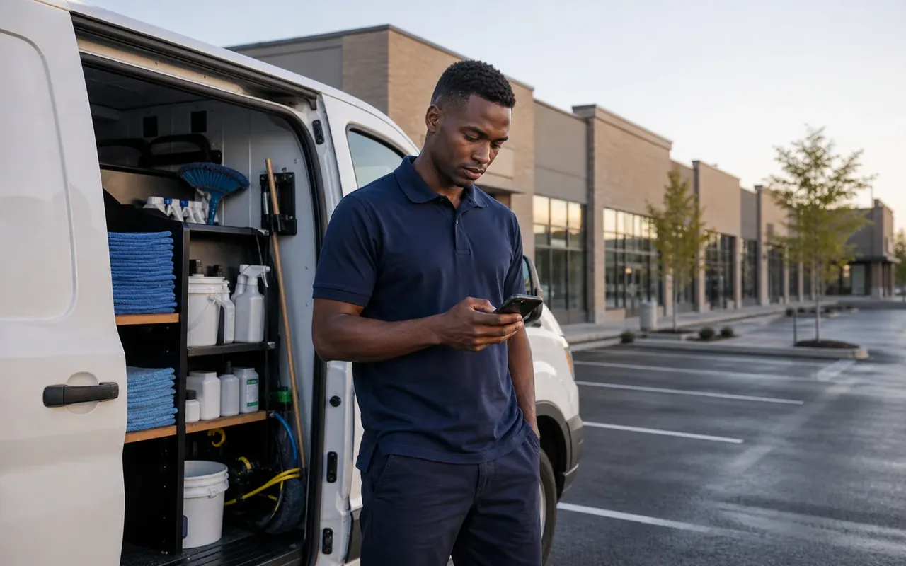Illustration of a cleaner checking a phone beside a stocked van outside a row of retail units.